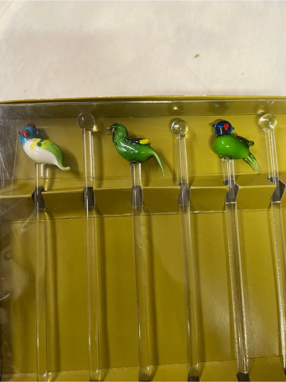 Vintage Pier 1 Hand Blown Glass Parrots Cocktail Swizzle Sticks - Multicolored